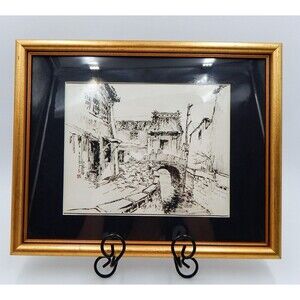 Japanese Traditional Scenery Painting Pen Ink Print Asian Village Signed Matted